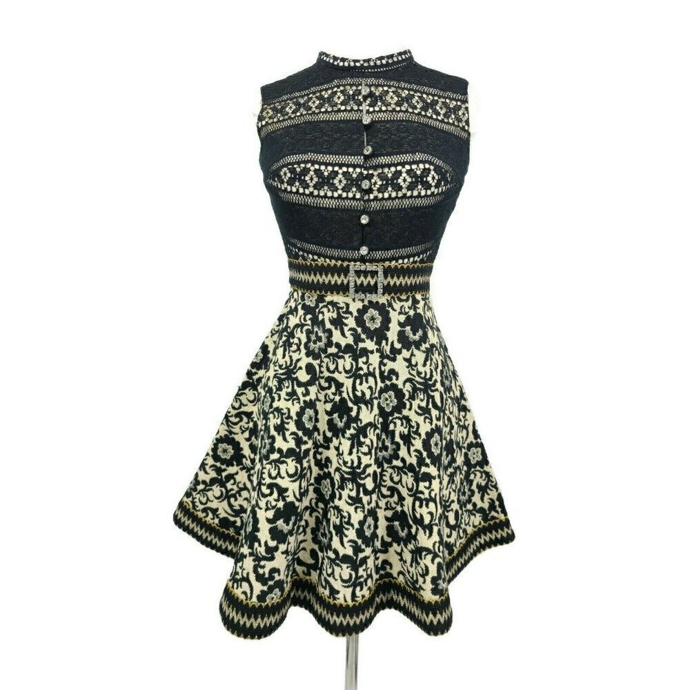 Vtg NWT Black Lace and Brocade Sleeveless Dress Womens 5 Rhinestones Deadstock